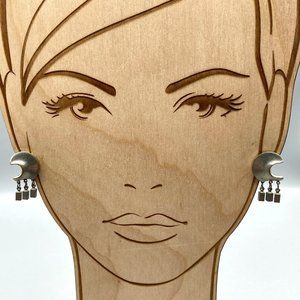 Vintage Distressed Crescent Moon Earrings with Cube Dangles, Great Grunge Vibes